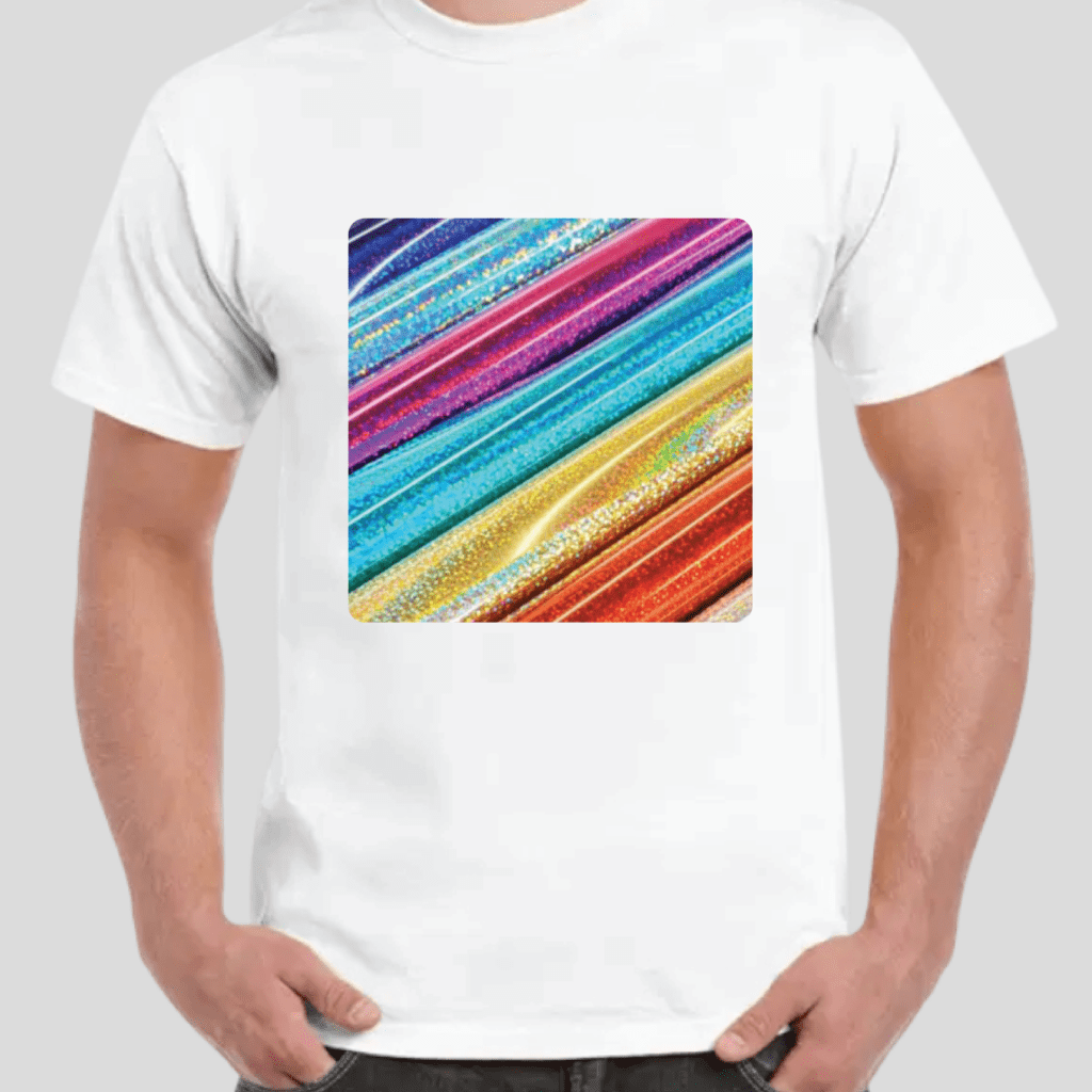 Holographic heat transfer vinyl on t-shirt