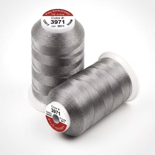 Two cones of 3971 Silver Grey polyester embroidery thread, 5000M each, 12 cones per box