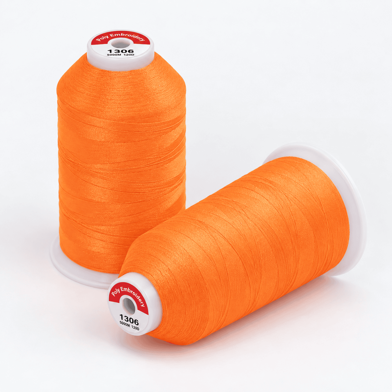 Two cones of 1306 Orange polyester embroidery thread, 5000M each, 12 cones per box