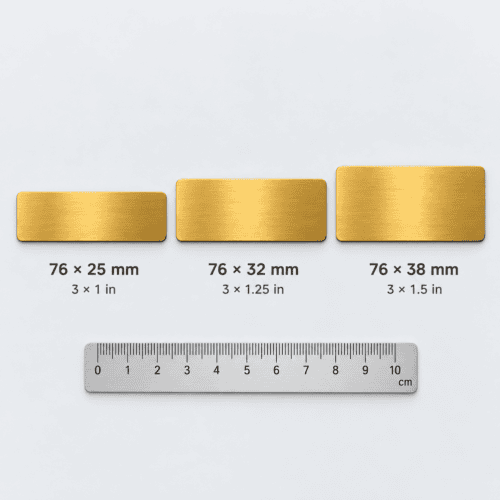 Brushed gold name tag sizes: 1 x 3 in, 1.25 x 3 in and 1.5 x 3 in with ruler
